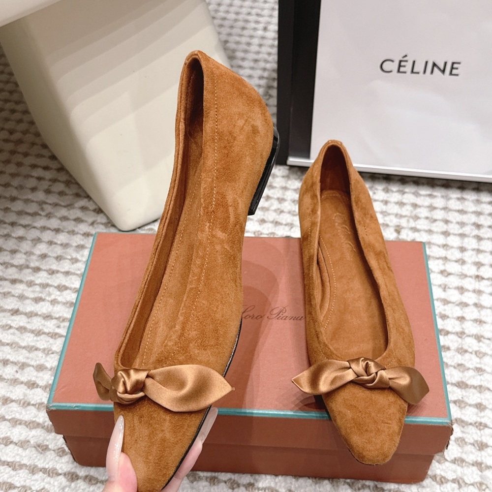 Loro Piana Suede Knot-Bow Pointed Flats in Cognac Tan - Picture 5 of 9